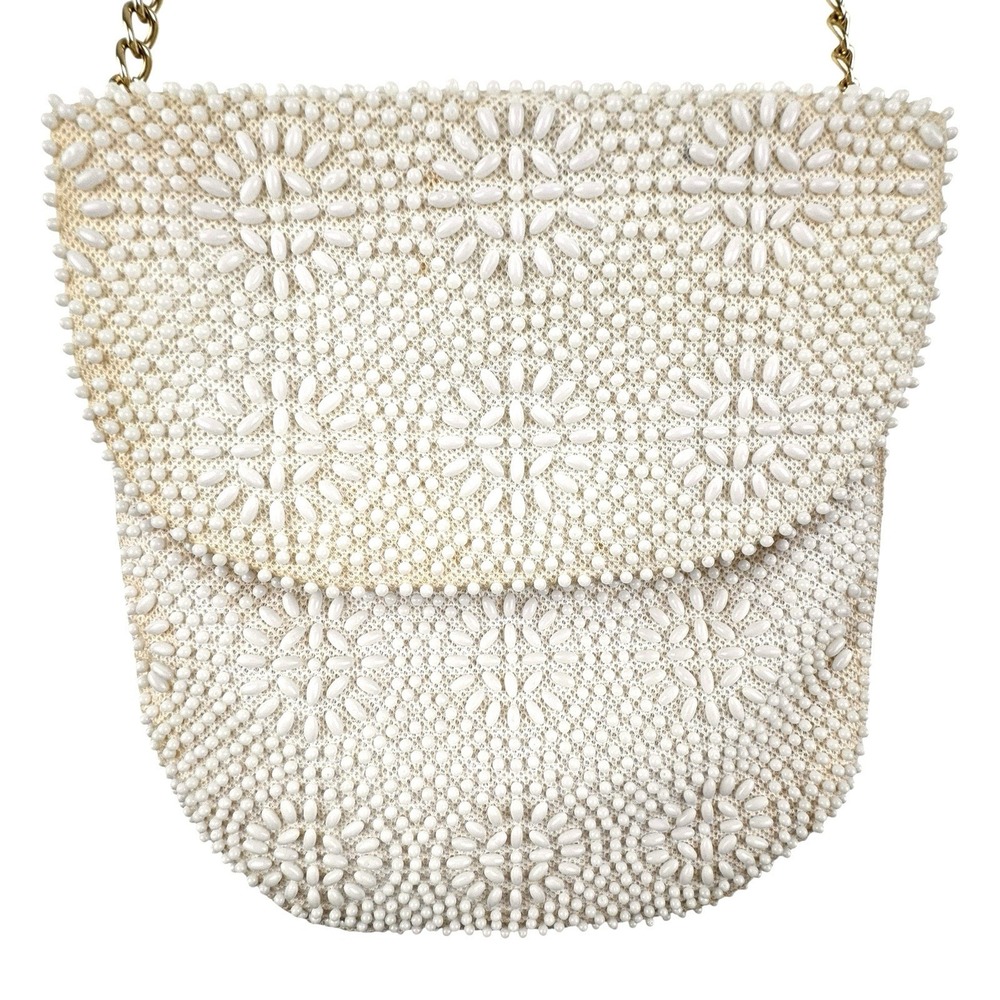 VTG Beaded Purse Ivory Gold Shoulder Chain Evening Retro Elegant Formal 50s 60s - Picture 6 of 16